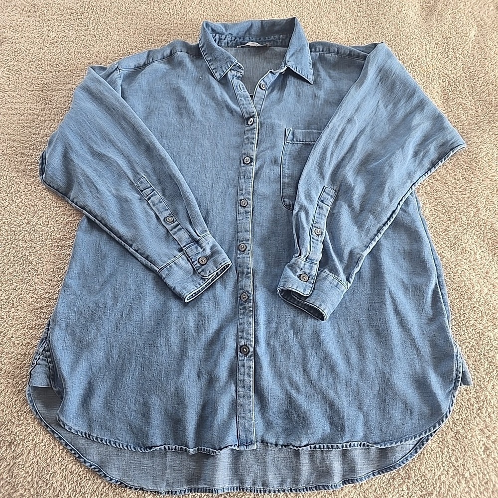 Loft Chambray Lyocell Linen Blend Button-Up Shirt Blue Sz L Lightweight Flowy‎